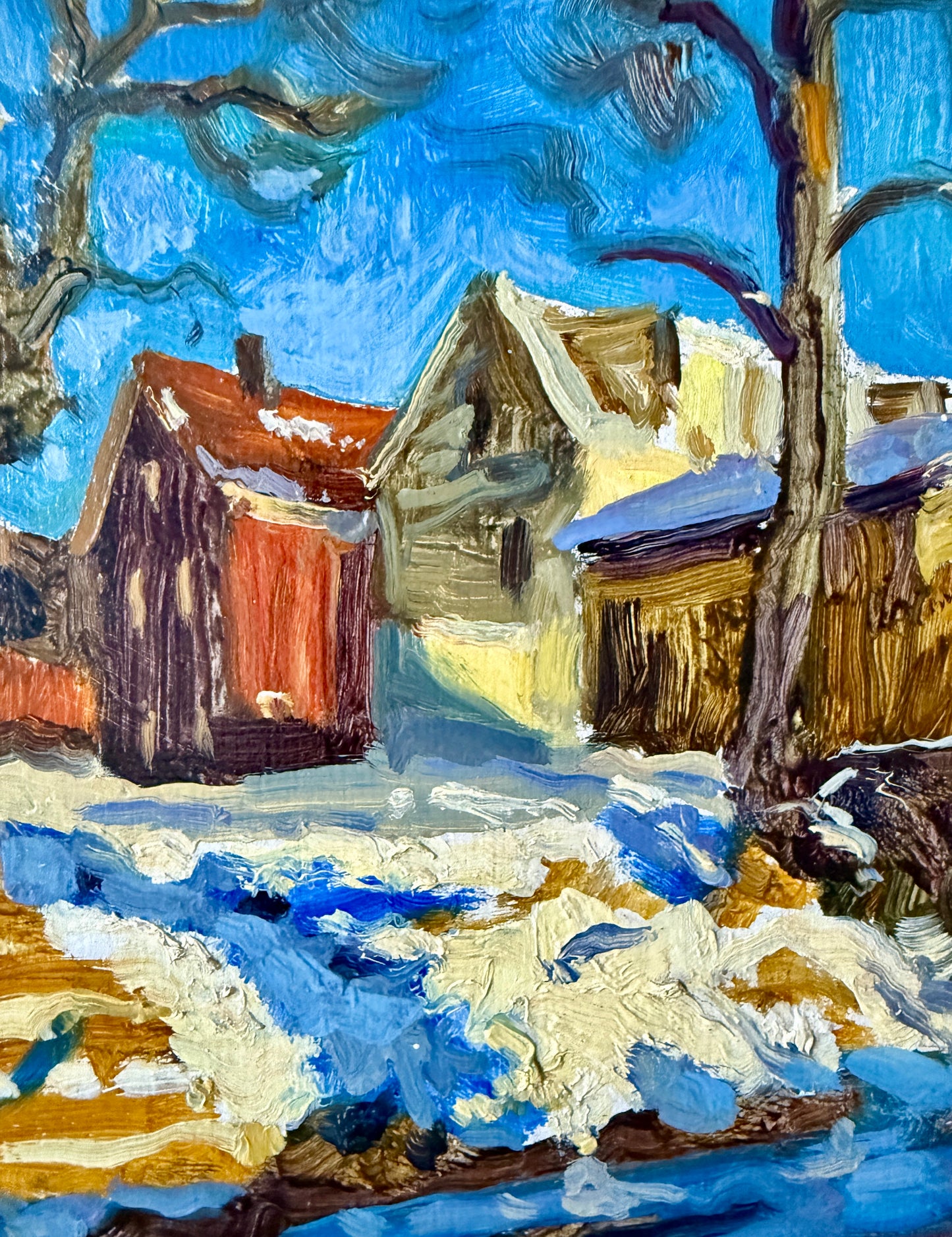 Vincent Crotty On a Winter Walk Impressionist Sunlist Townscape Oil Painting in Black Frame