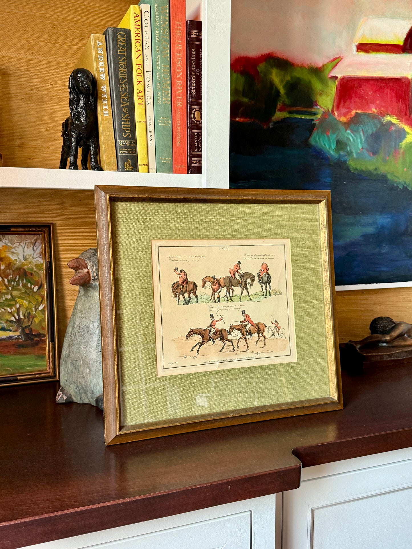 Henry Alken Hand Colored 19th Century Horse and Rider Engraving in Green Grasscloth and Fold Frame