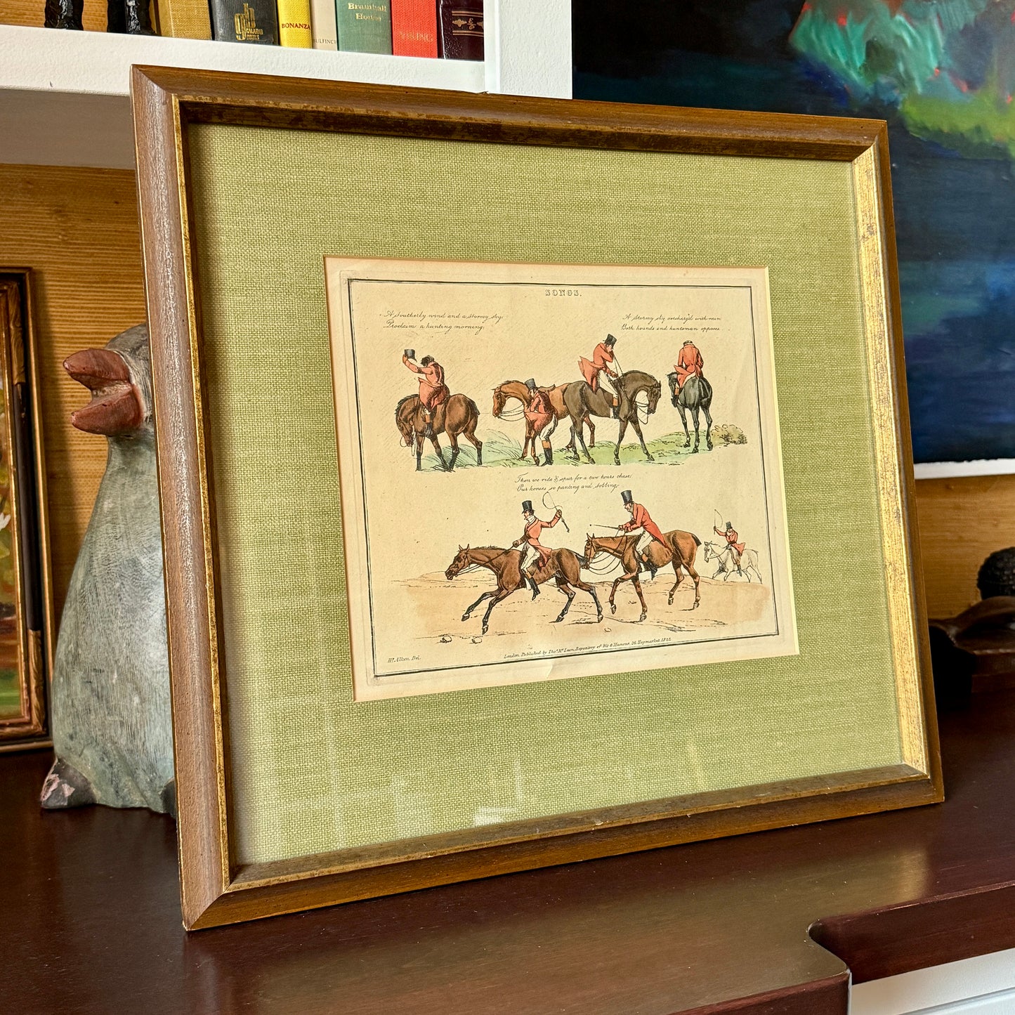 Henry Alken Hand Colored 19th Century Horse and Rider Engraving in Green Grasscloth and Fold Frame