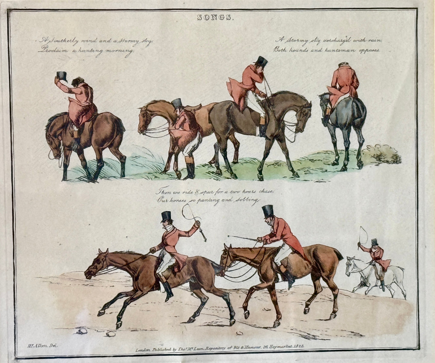 Henry Alken Hand Colored 19th Century Horse and Rider Engraving in Green Grasscloth and Fold Frame