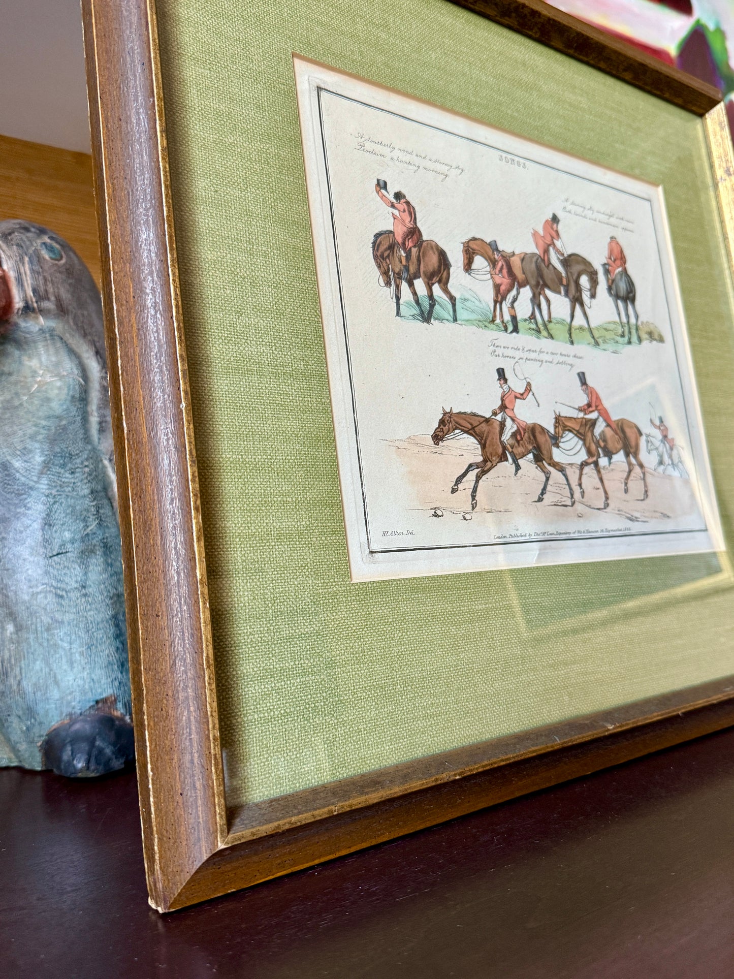 Henry Alken Hand Colored 19th Century Horse and Rider Engraving in Green Grasscloth and Fold Frame
