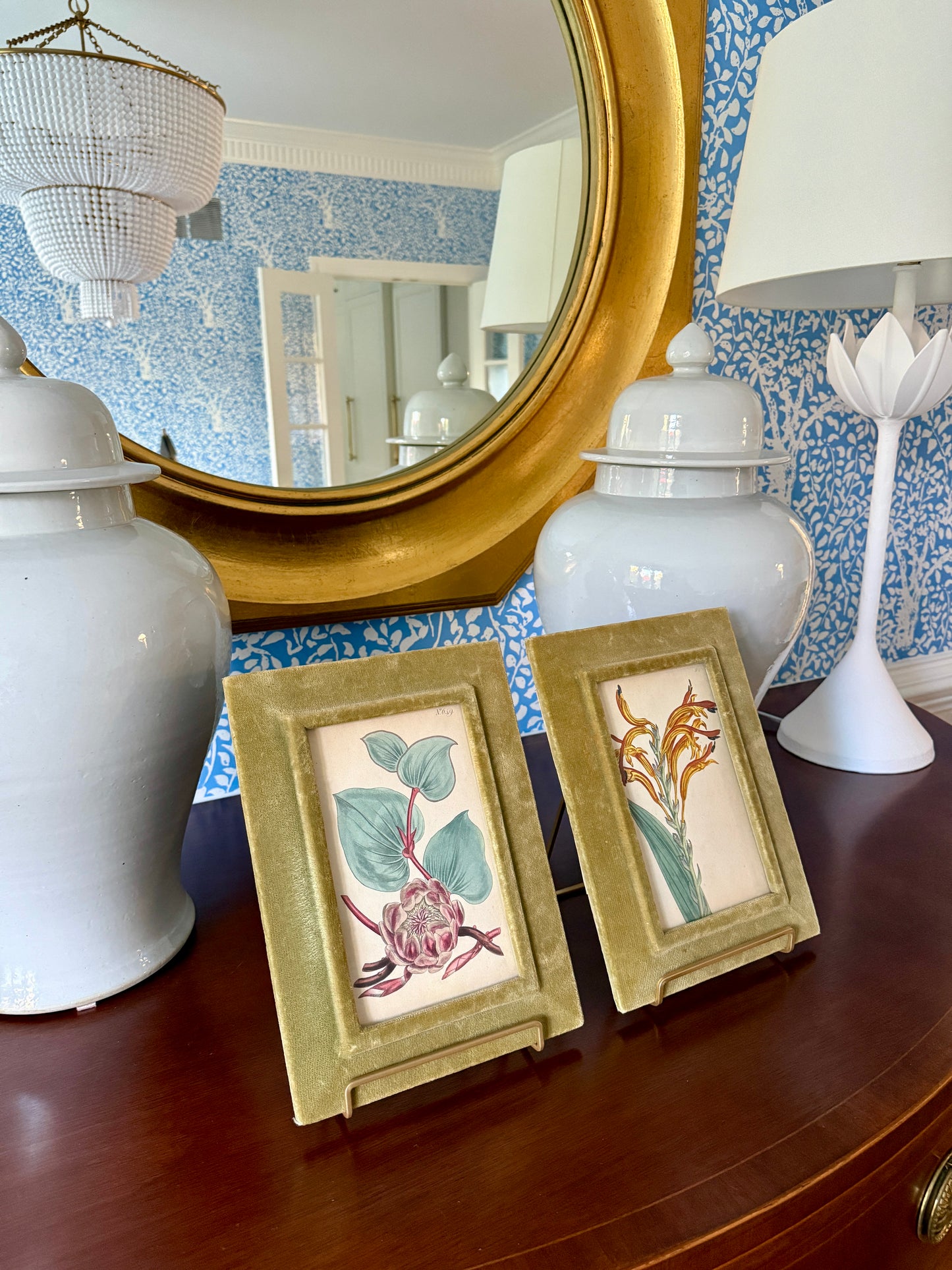 Pair of 19th Century Hand Colored Botanical Lithographs in Green Velvet Frames