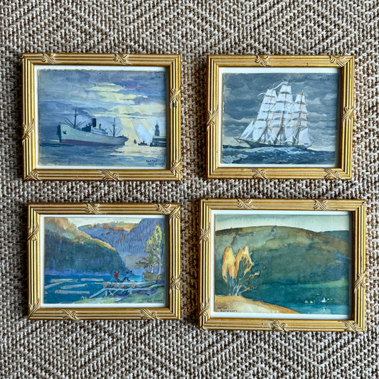 Set of Four Ray Wilcox Ships in Seascape and Landscape Oil Paintings in Gold Frames