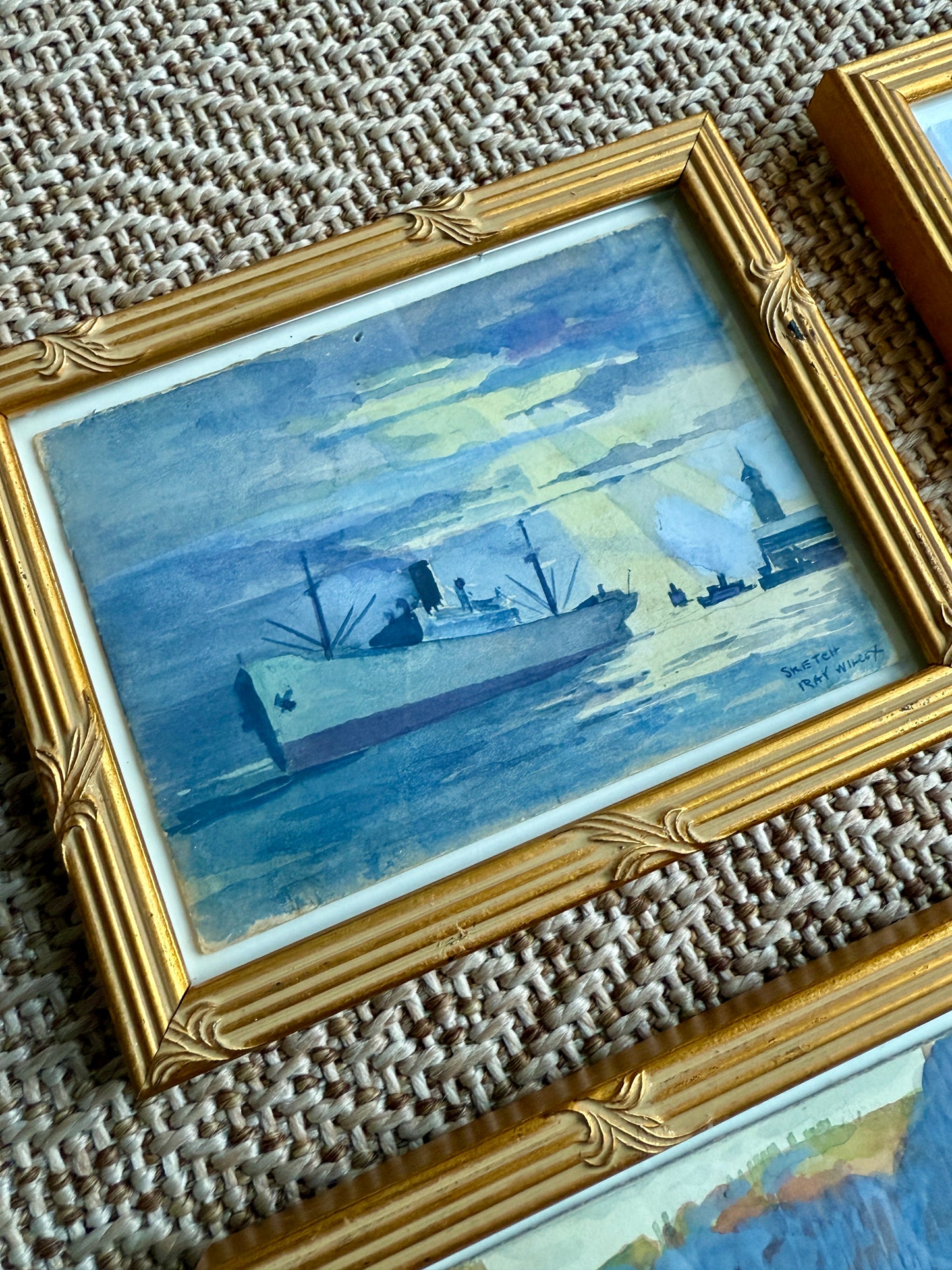 Set of Four Ray Wilcox Ships in Seascape and Landscape Oil Paintings in Gold Frames