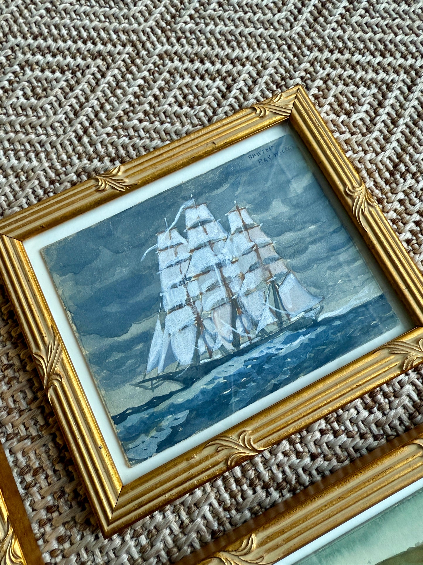 Set of Four Ray Wilcox Ships in Seascape and Landscape Oil Paintings in Gold Frames