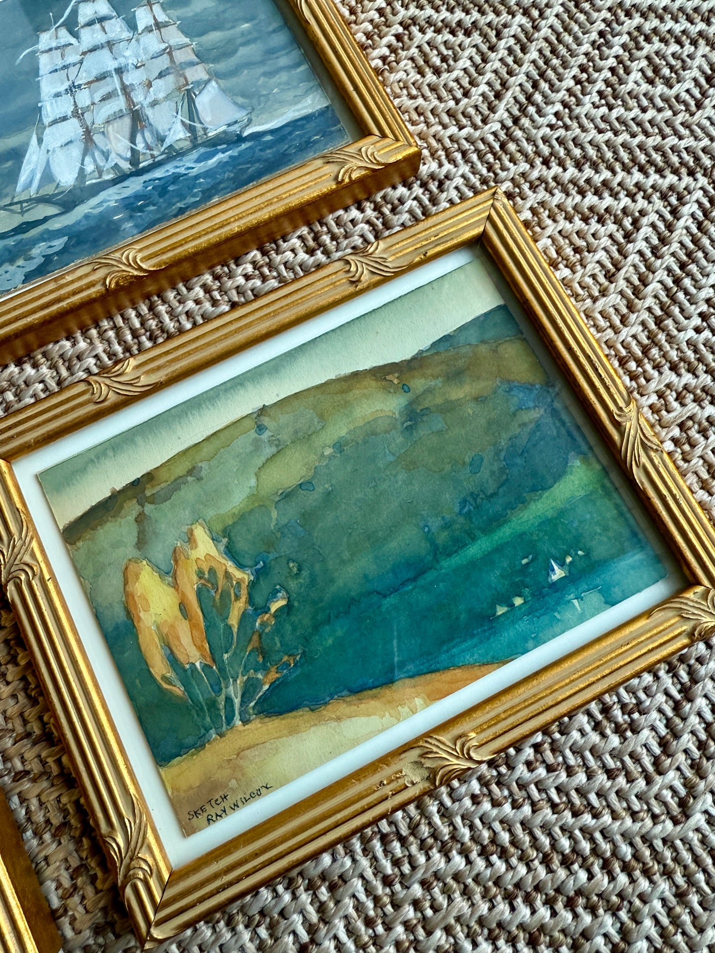 Set of Four Ray Wilcox Ships in Seascape and Landscape Oil Paintings in Gold Frames