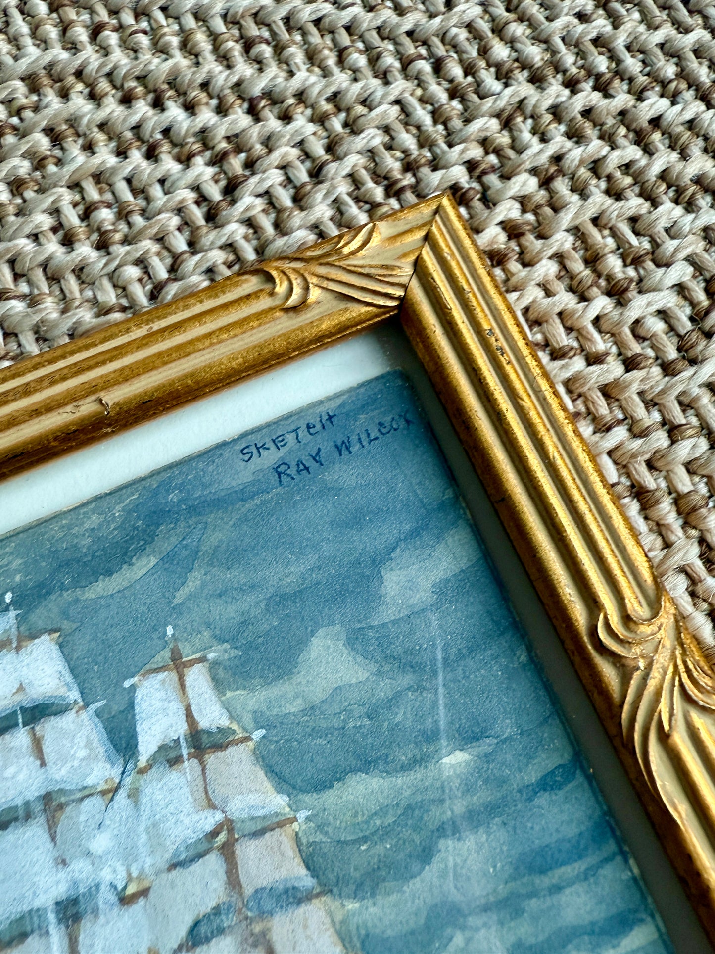 Set of Four Ray Wilcox Ships in Seascape and Landscape Oil Paintings in Gold Frames