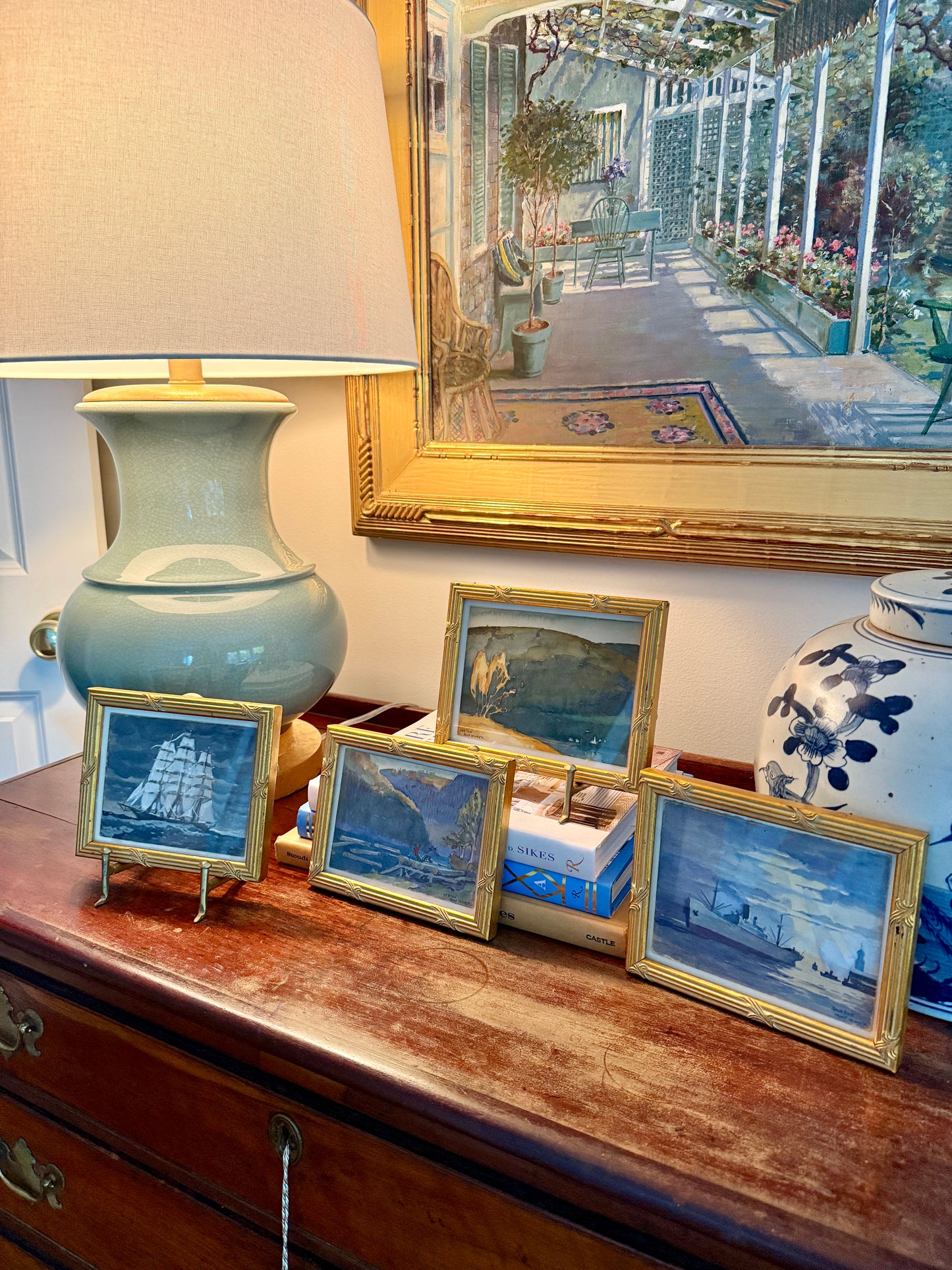 Set of Four Ray Wilcox Ships in Seascape and Landscape Oil Paintings in Gold Frames