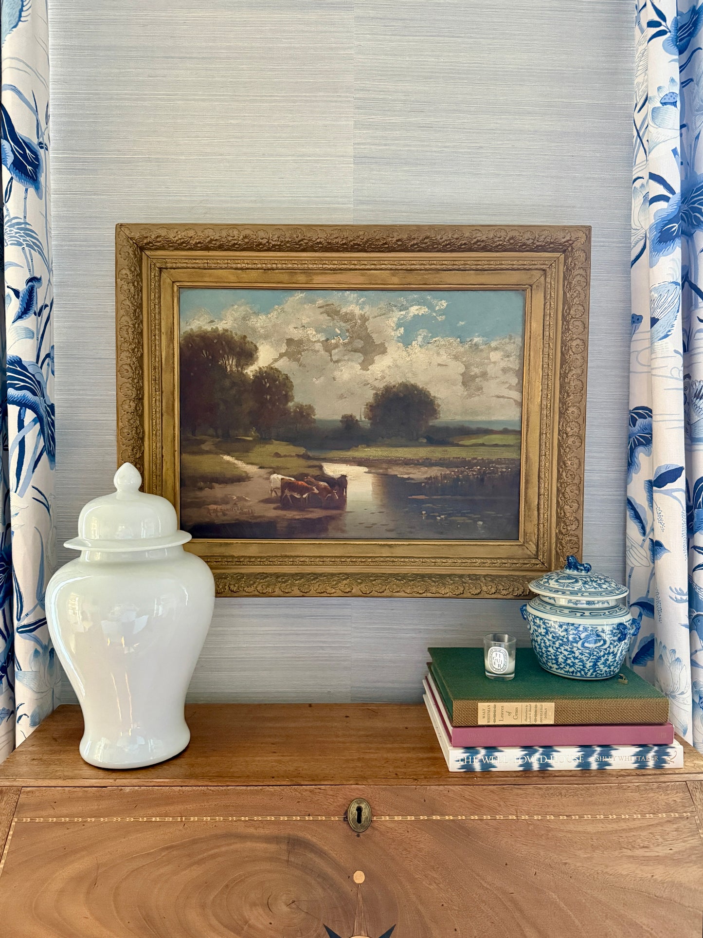 19th Century English Rural Landscape with Cows and Lilies Oil Painting in Floral Gilded Frame