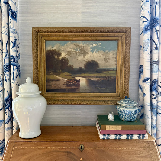 19th Century English Rural Landscape with Cows and Lilies Oil Painting in Floral Gilded Frame