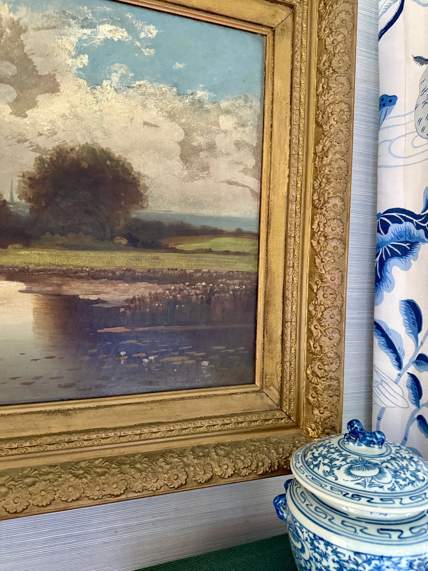 19th Century English Rural Landscape with Cows and Lilies Oil Painting in Floral Gilded Frame