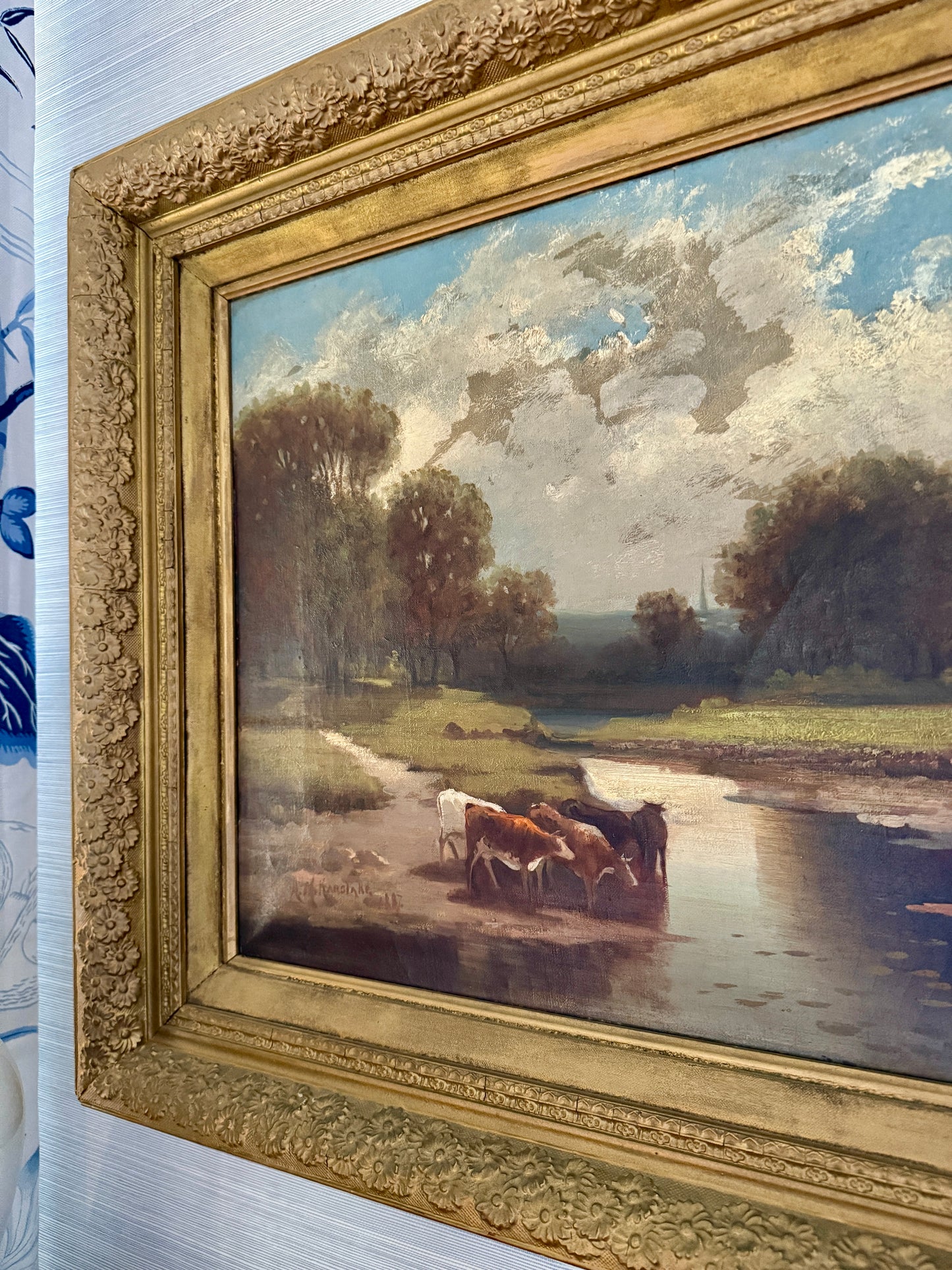 19th Century English Rural Landscape with Cows and Lilies Oil Painting in Floral Gilded Frame