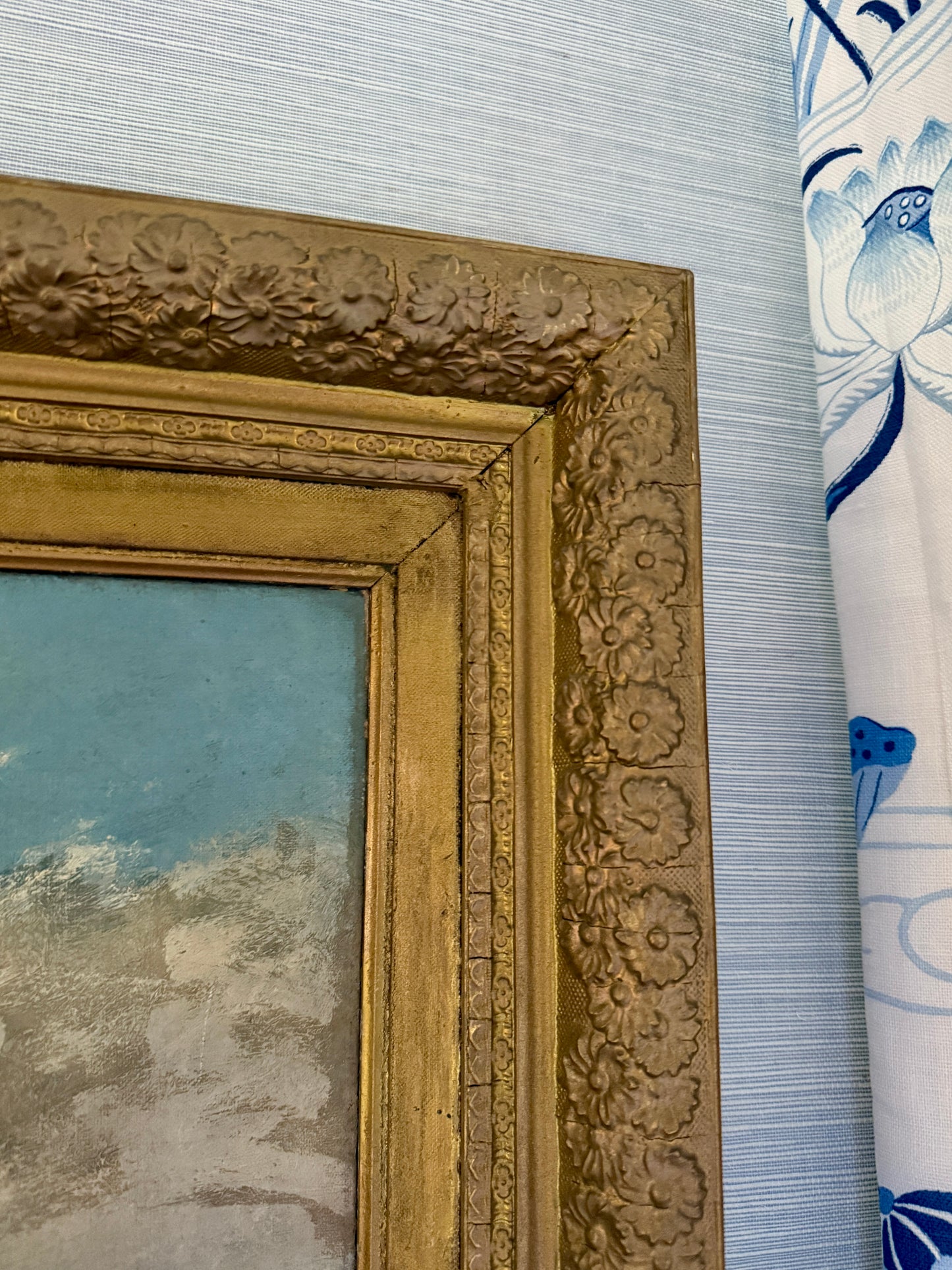 19th Century English Rural Landscape with Cows and Lilies Oil Painting in Floral Gilded Frame