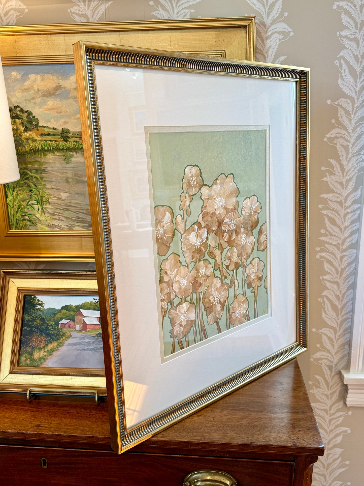Alison Diamond McElroy Warm Flora I Abstract Floral Painting in Gold Frame