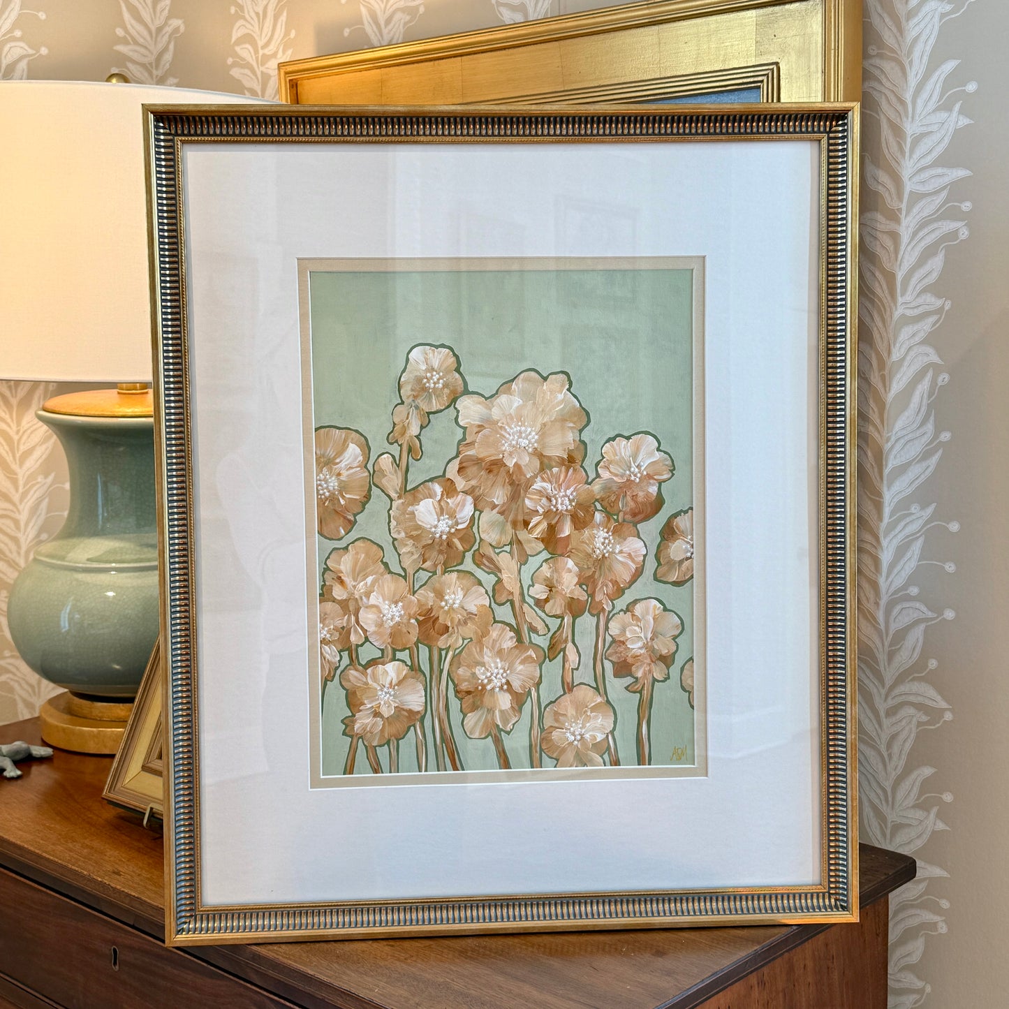 Alison Diamond McElroy Warm Flora I Abstract Floral Painting in Gold Frame