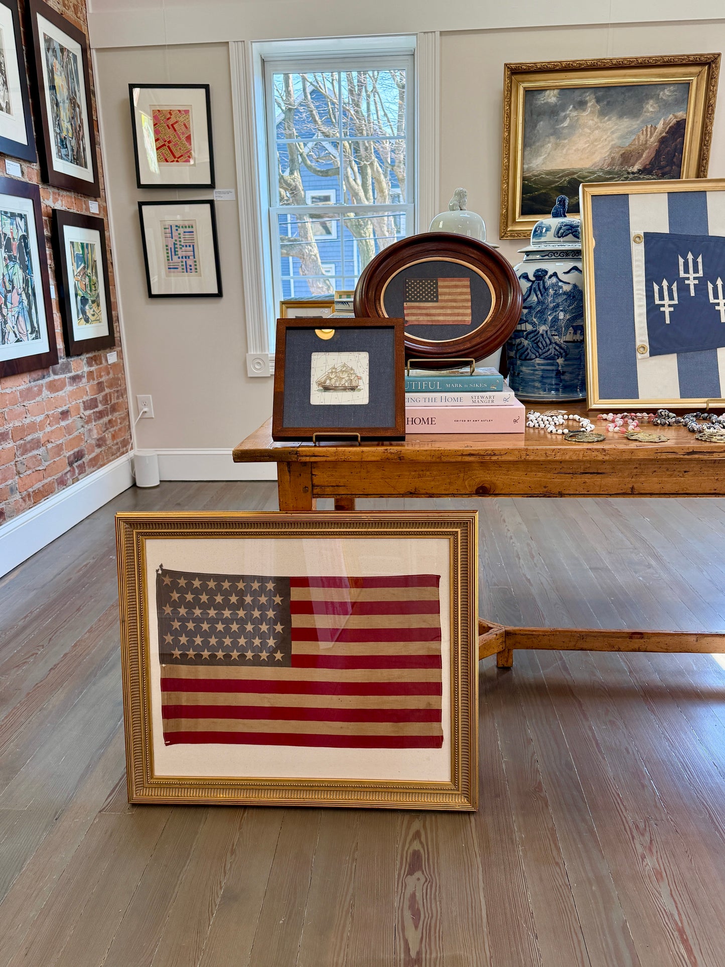 Antique 48 Staggered Star American Flag on Ivory Duck Cloth in Gold Scoop Frame