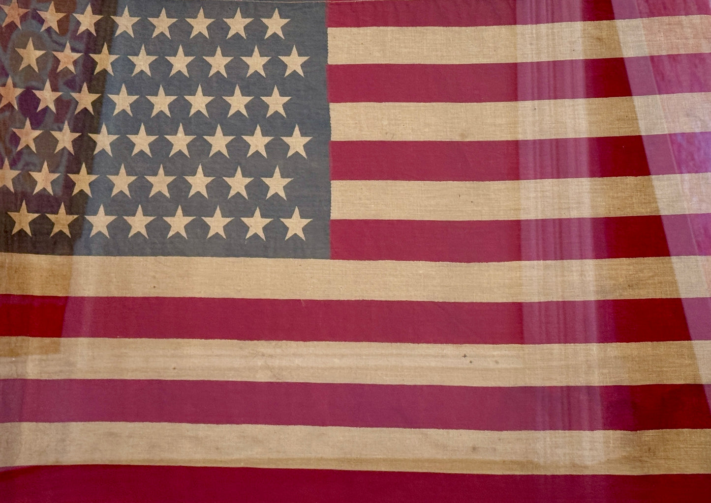 Antique 48 Staggered Star American Flag on Ivory Duck Cloth in Gold Scoop Frame