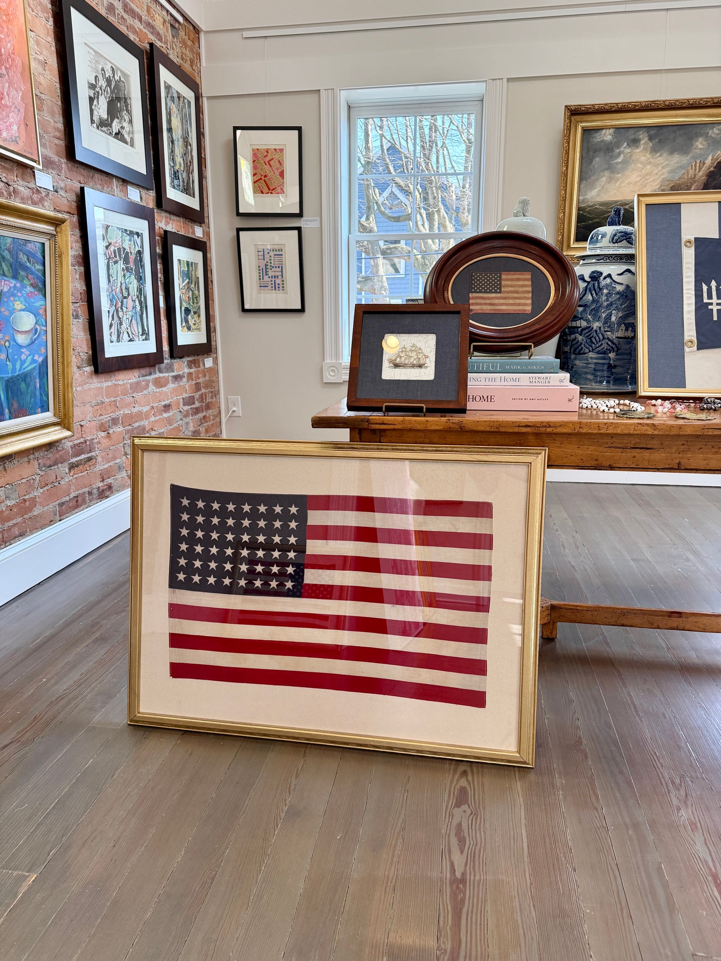 Extra Large 48 Star American Flag on Ivory Duck Cloth in Gold Frame