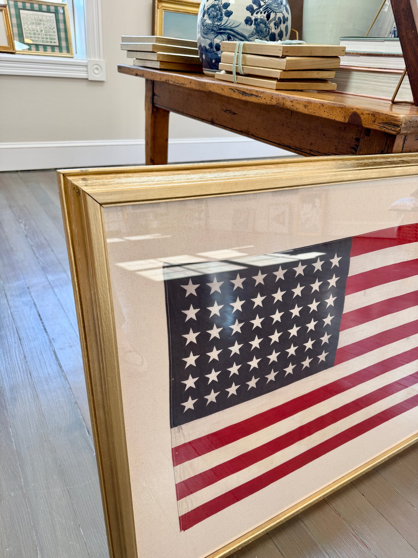 Extra Large 48 Star American Flag on Ivory Duck Cloth in Gold Frame