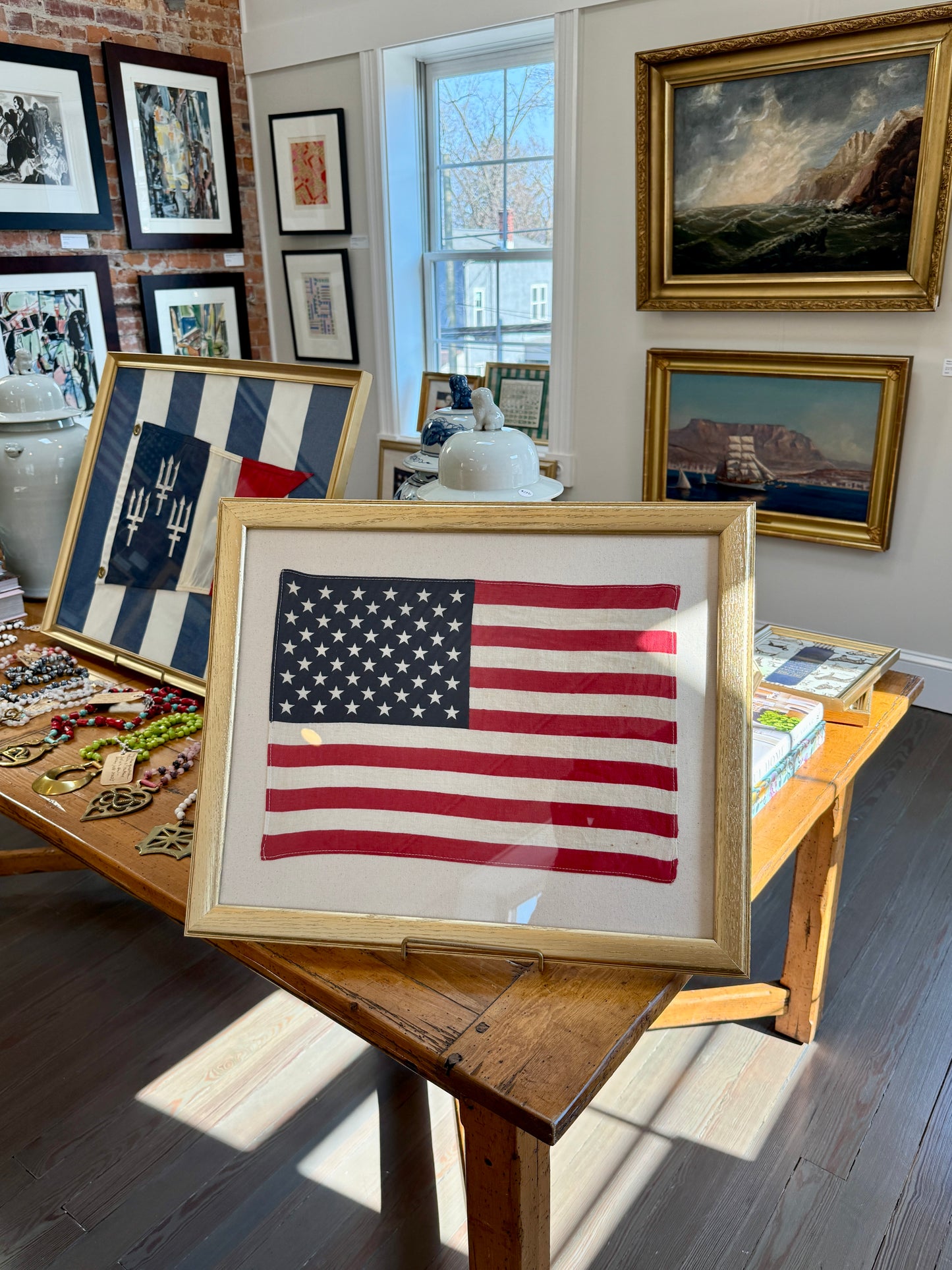 50 Star American Flag on Ivory Duck Cloth in Gold Wood Frame