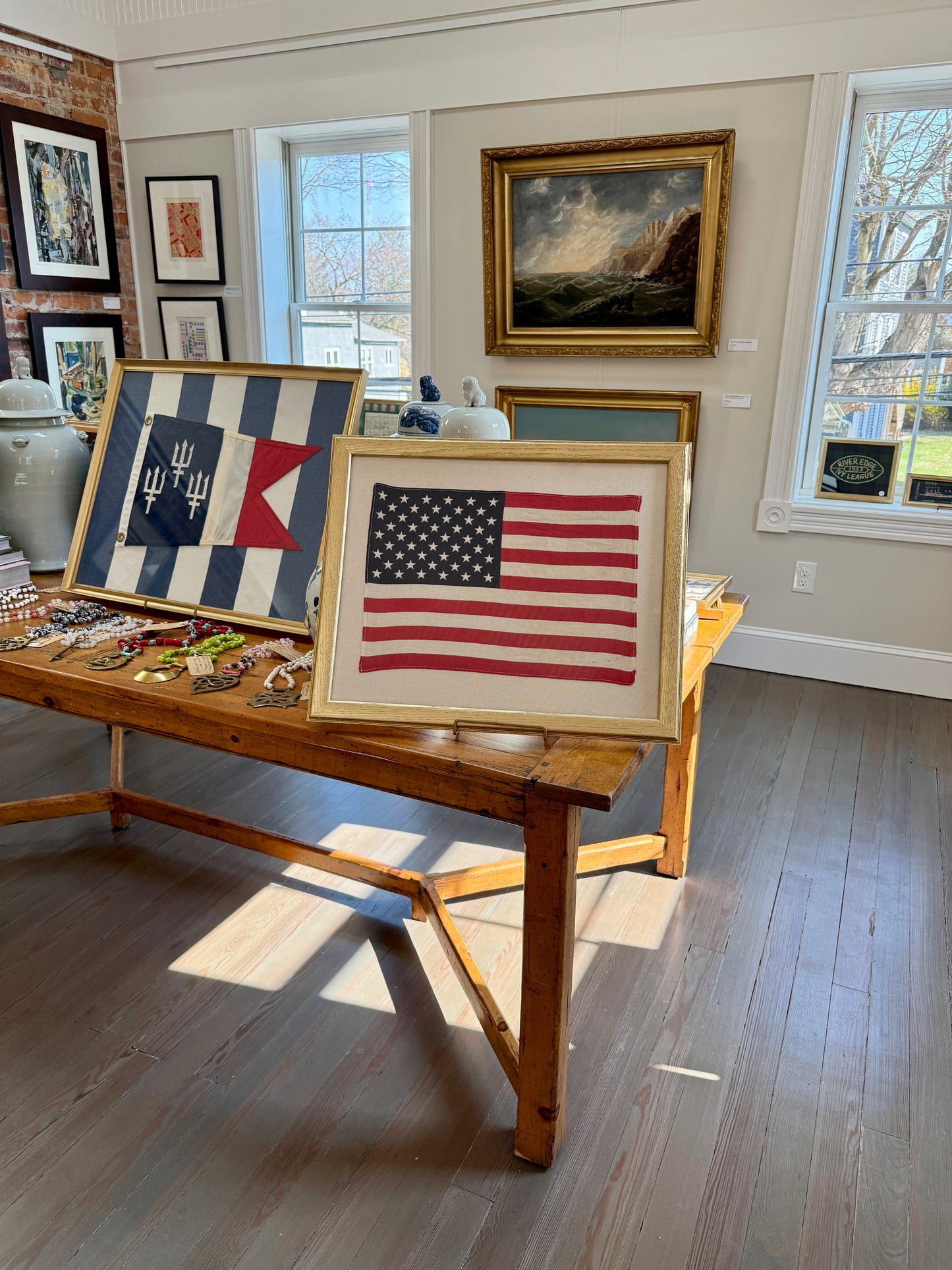 50 Star American Flag on Ivory Duck Cloth in Gold Wood Frame
