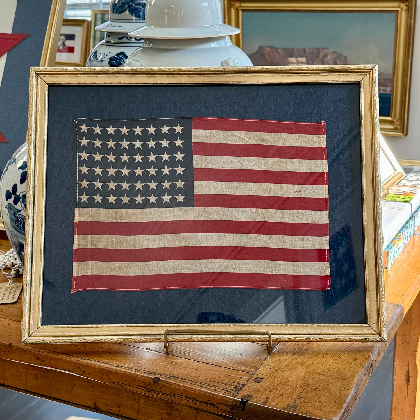 Vintage 48 Star American Flag on Dark Chambray in Antique Gold Frame
