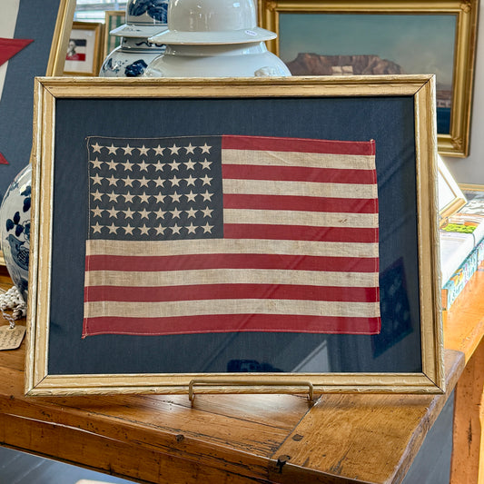 Vintage 48 Star American Flag on Dark Chambray in Antique Gold Frame