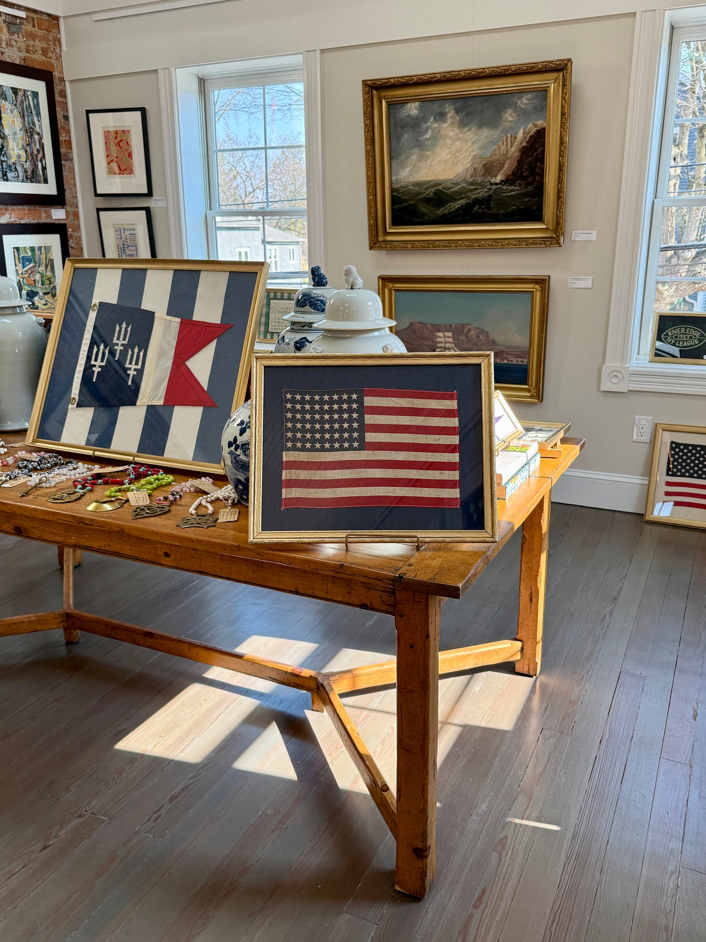 Vintage 48 Star American Flag on Dark Chambray in Antique Gold Frame