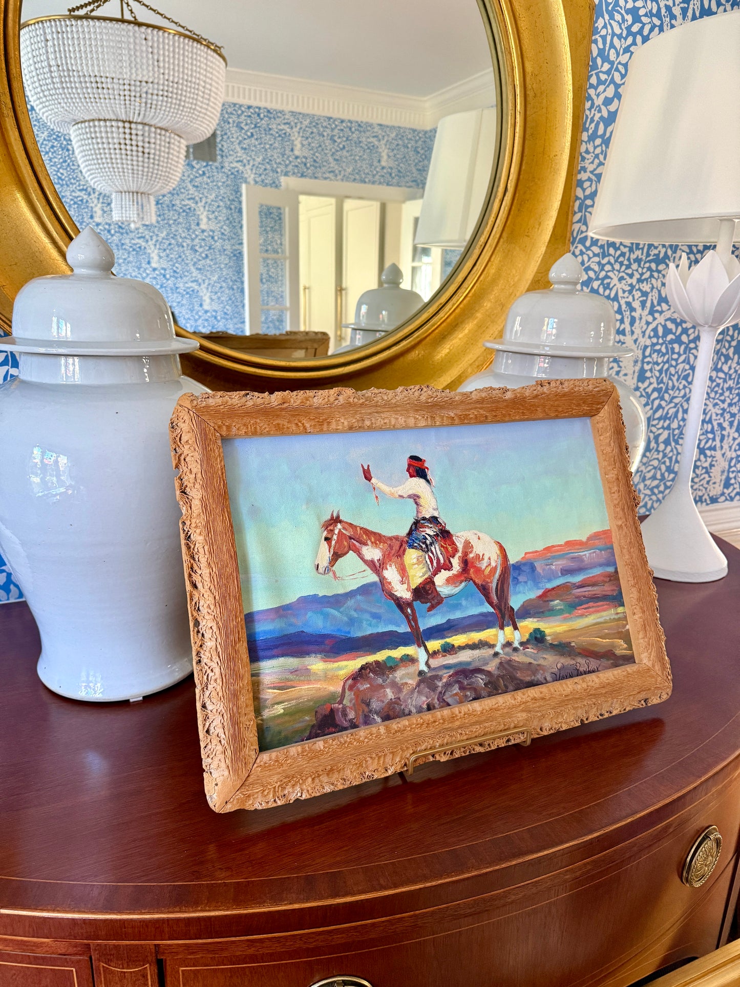 Vern Parker Portrait of Native American on Horseback Oil Painting in Natural Wood Frame
