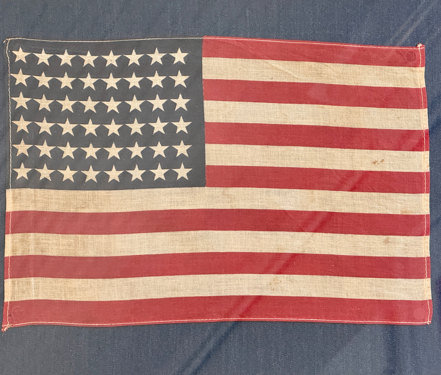 Vintage 48 Star American Flag on Dark Chambray in Antique Gold Frame