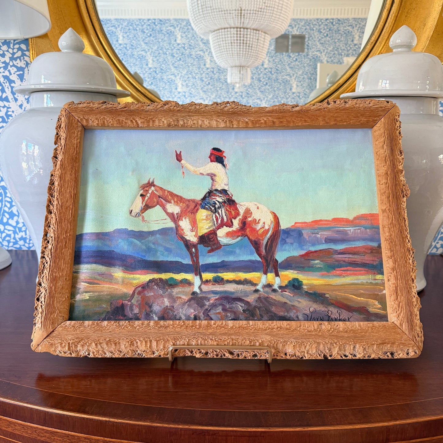 Vern Parker Portrait of Native American on Horseback Oil Painting in Natural Wood Frame
