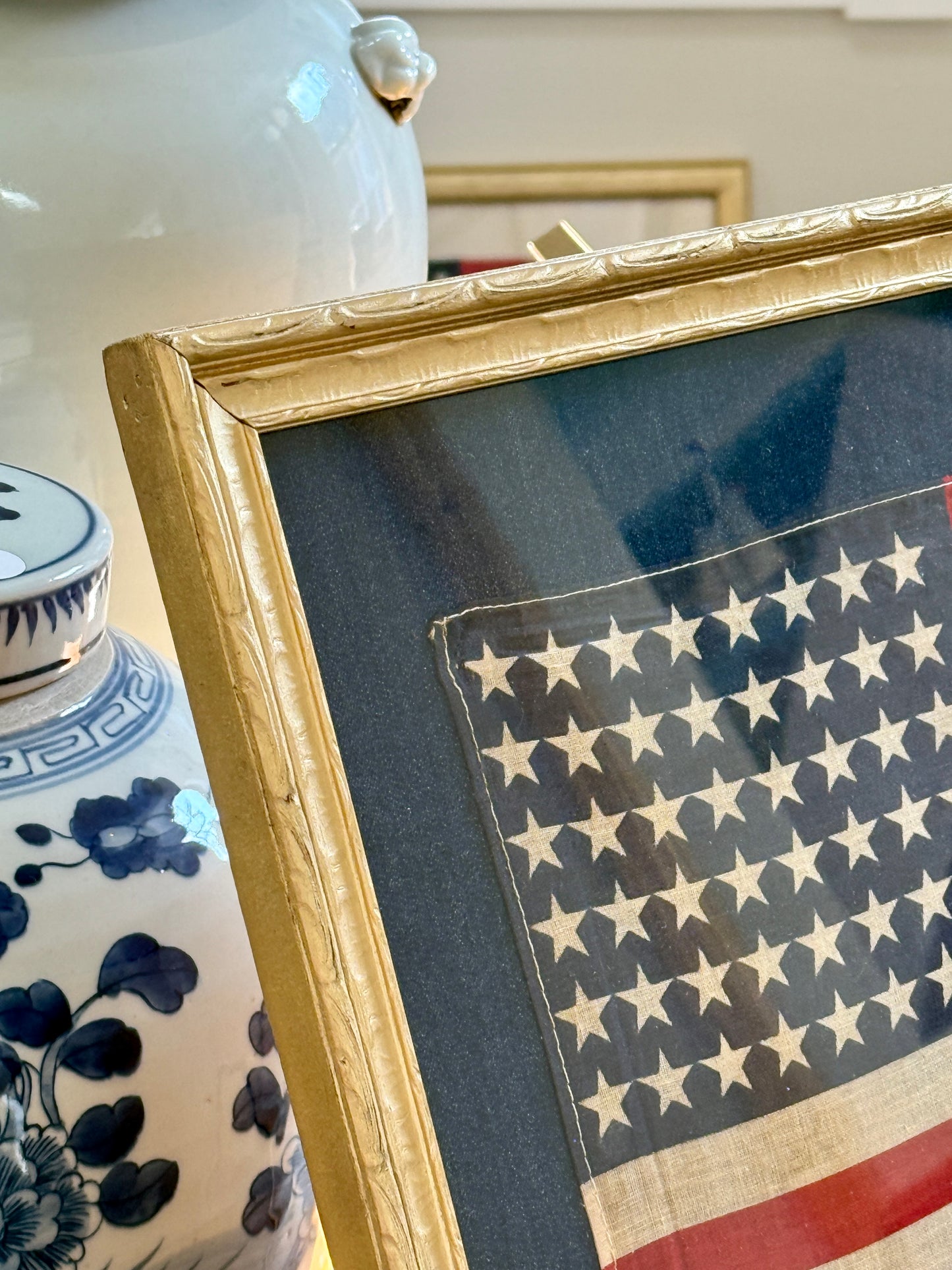 Vintage 48 Star American Flag on Dark Chambray in Antique Gold Frame