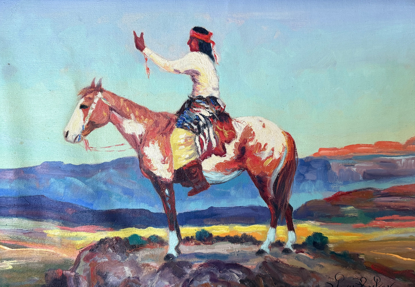 Vern Parker Portrait of Native American on Horseback Oil Painting in Natural Wood Frame