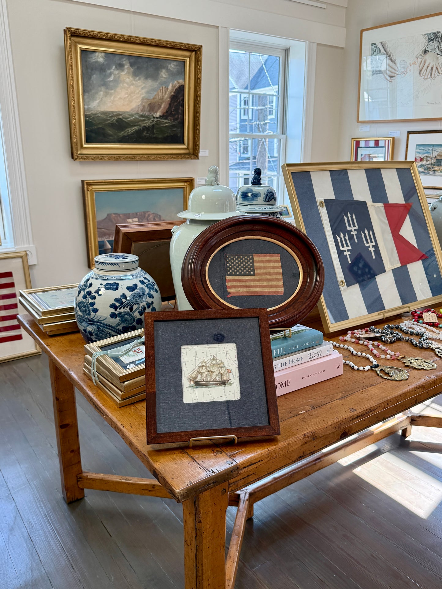 Vintage 50 Star American Parade Flag on Dark Chambray in Walnut Oval Wood Frame