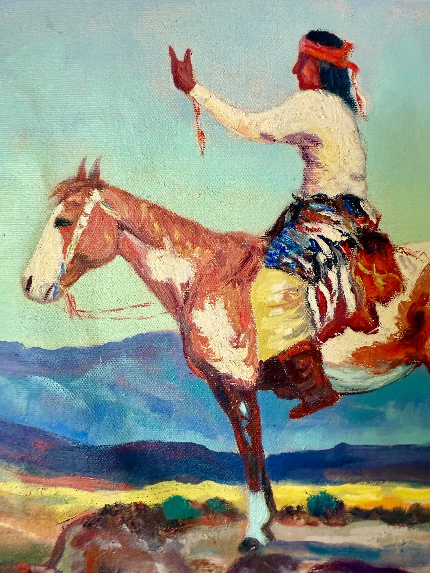 Vern Parker Portrait of Native American on Horseback Oil Painting in Natural Wood Frame