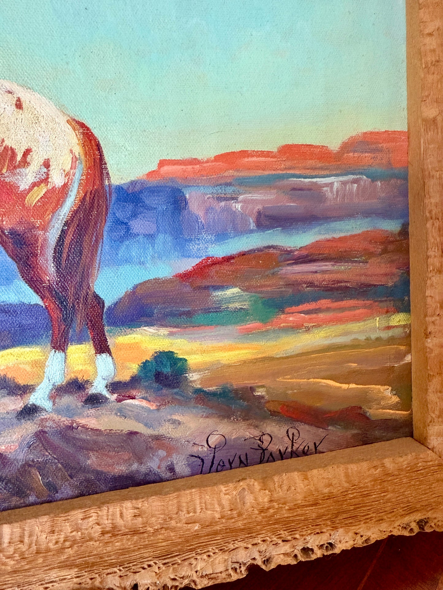 Vern Parker Portrait of Native American on Horseback Oil Painting in Natural Wood Frame