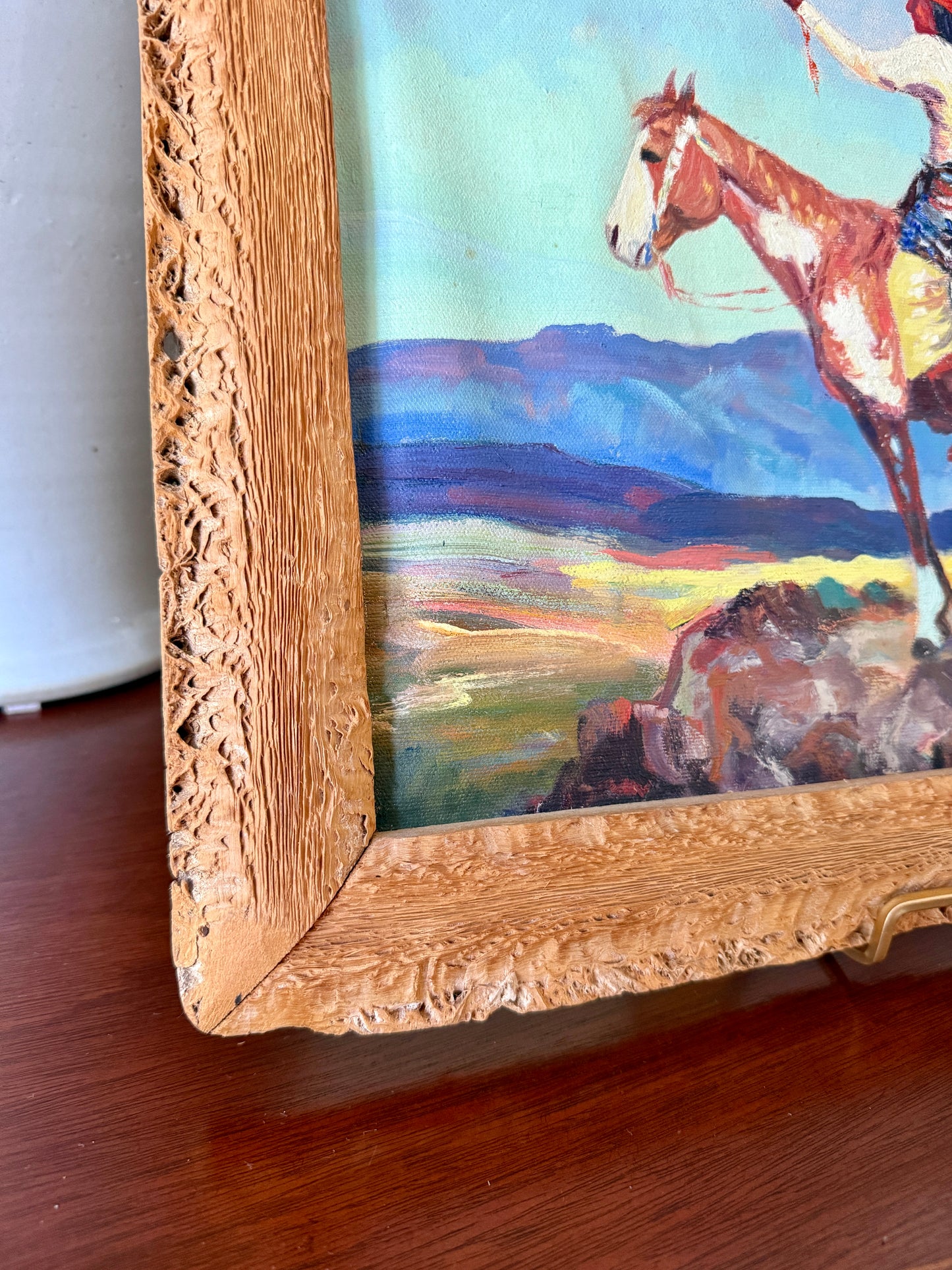 Vern Parker Portrait of Native American on Horseback Oil Painting in Natural Wood Frame