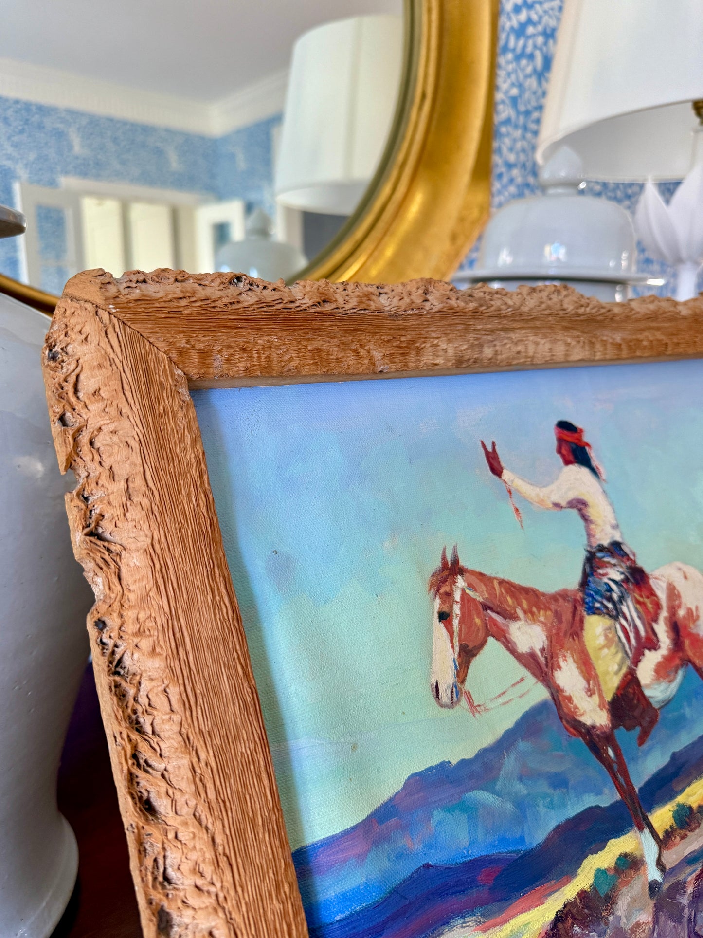 Vern Parker Portrait of Native American on Horseback Oil Painting in Natural Wood Frame