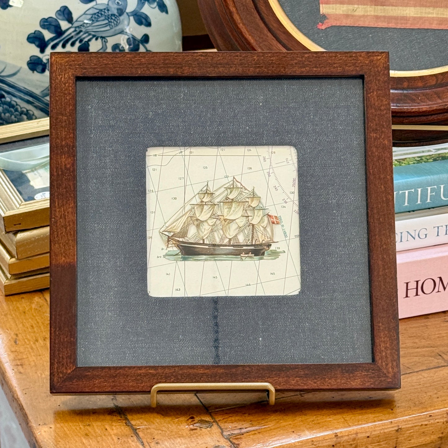 Antique Diecut Clipper Ship Portrait on Nautical Map and Dark Chambray in Wood Frame