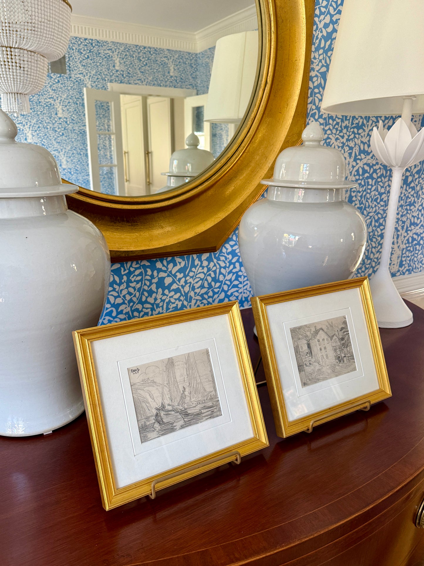 Set of Two Gladys Atwood Ennis Seascape and Landscape Drawings in Gold Frames