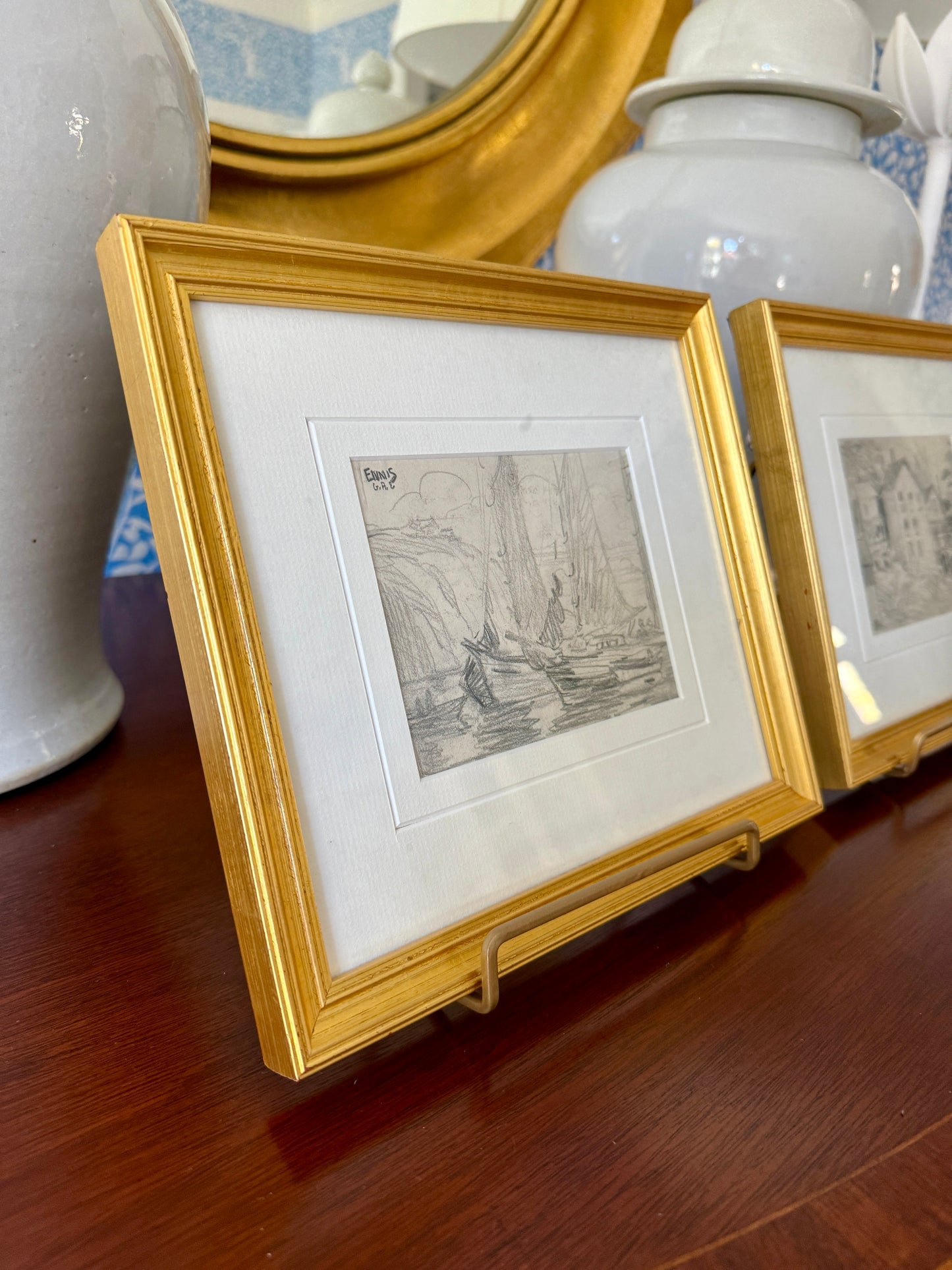 Set of Two Gladys Atwood Ennis Seascape and Landscape Drawings in Gold Frames