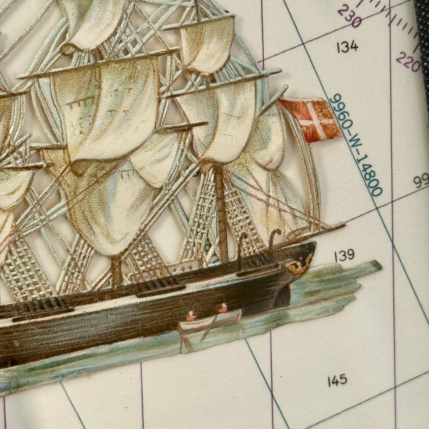 Antique Diecut Clipper Ship Portrait on Nautical Map and Dark Chambray in Wood Frame