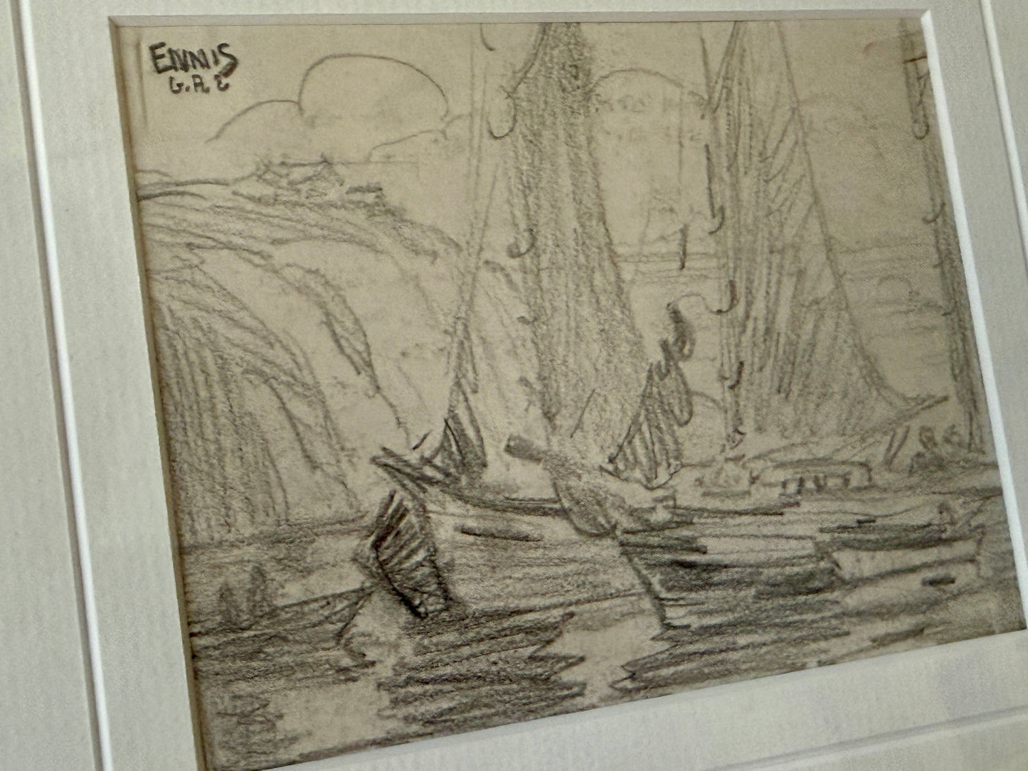 Set of Two Gladys Atwood Ennis Seascape and Landscape Drawings in Gold Frames