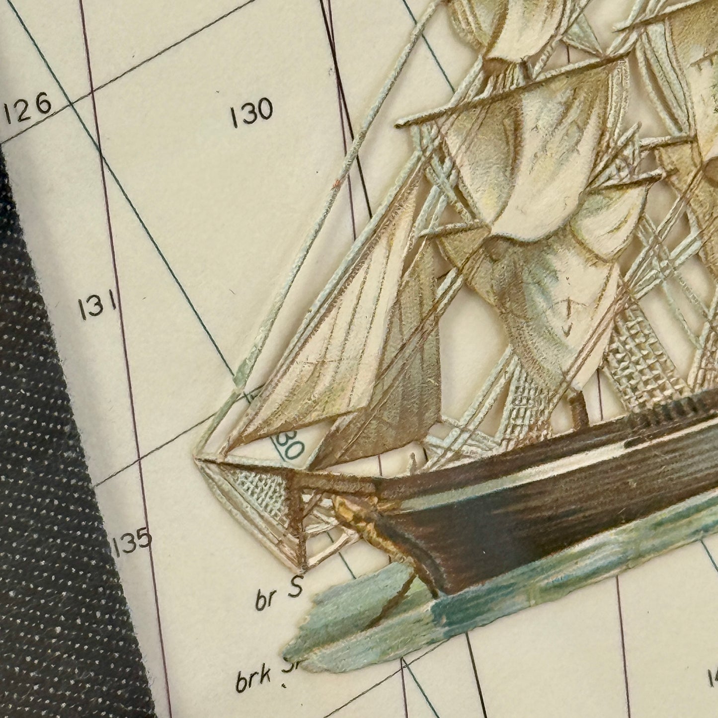Antique Diecut Clipper Ship Portrait on Nautical Map and Dark Chambray in Wood Frame