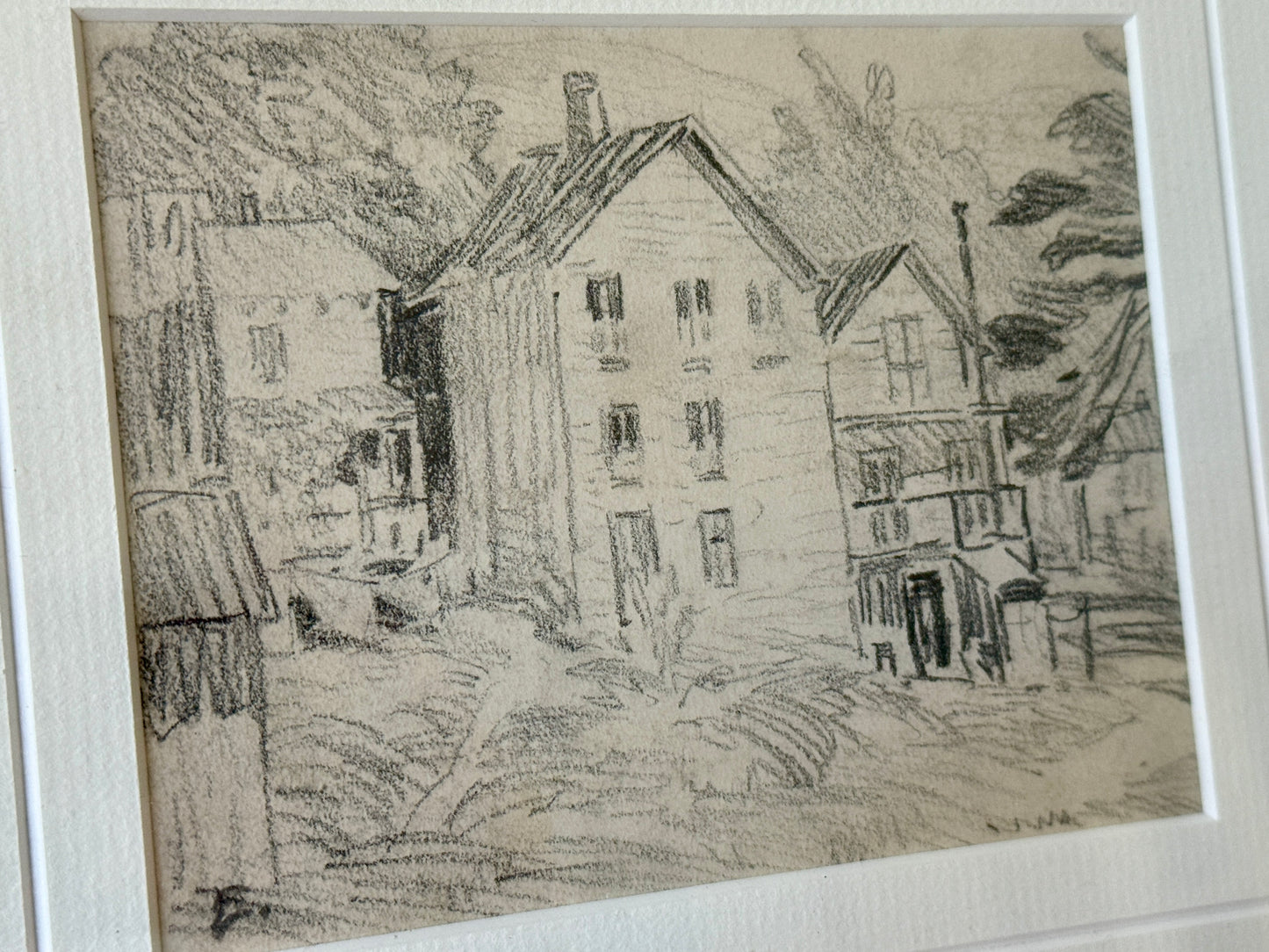 Set of Two Gladys Atwood Ennis Seascape and Landscape Drawings in Gold Frames