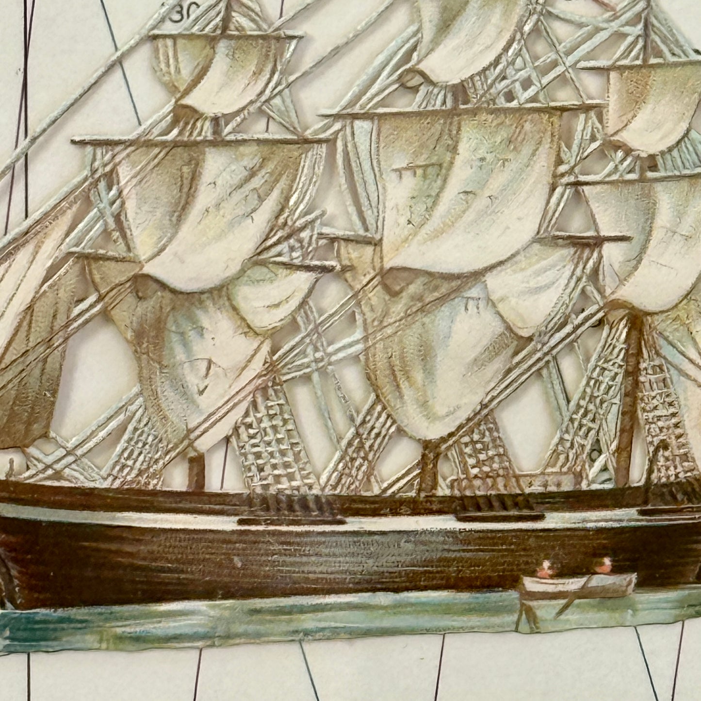 Antique Diecut Clipper Ship Portrait on Nautical Map and Dark Chambray in Wood Frame