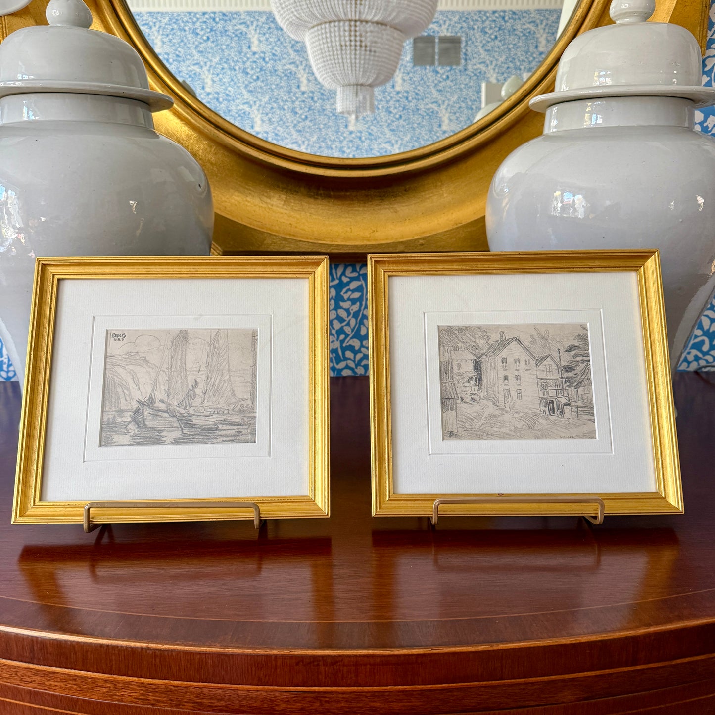 Set of Two Gladys Atwood Ennis Seascape and Landscape Drawings in Gold Frames