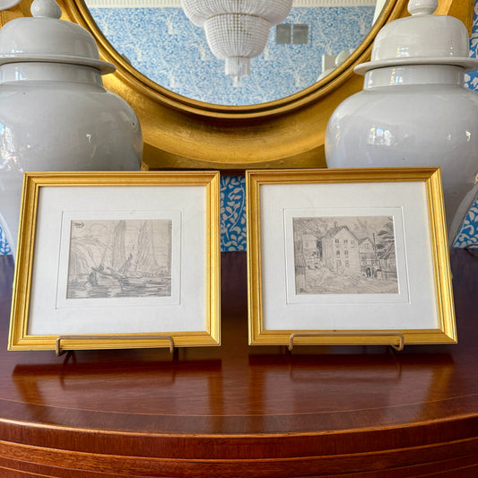 Set of Two Gladys Atwood Ennis Seascape and Landscape Drawings in Gold Frames