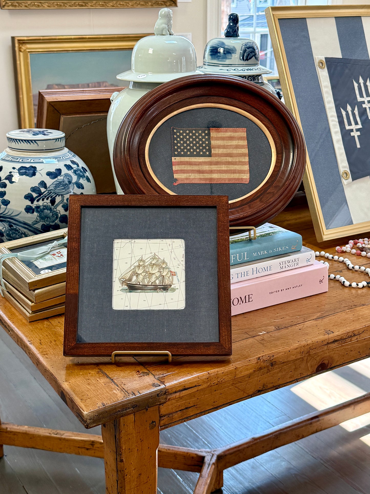 Antique Diecut Clipper Ship Portrait on Nautical Map and Dark Chambray in Wood Frame