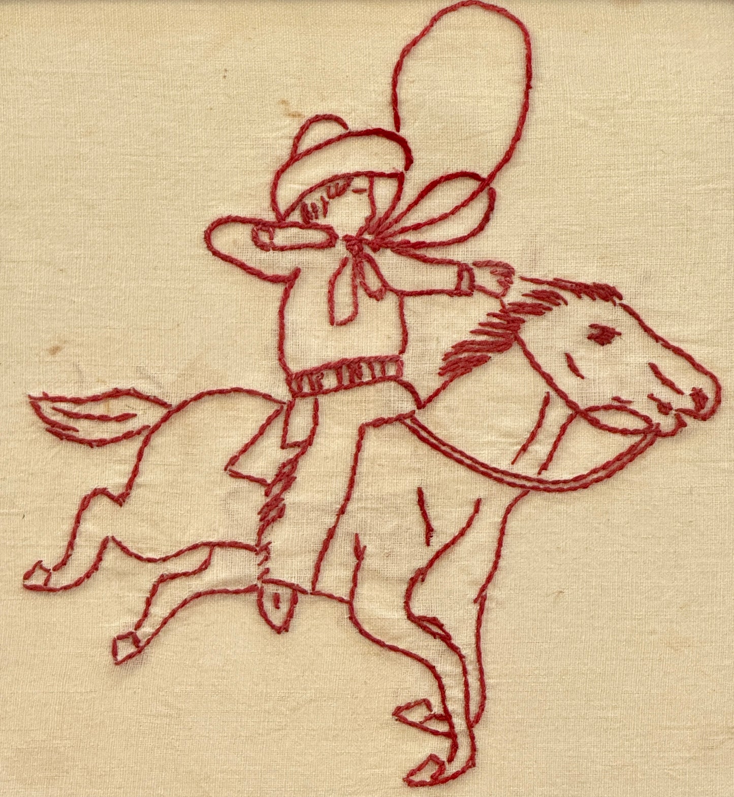 Early 20th Century Horse and Cowboy Redwork Embroidery on Dark Chambray in Wood Frame